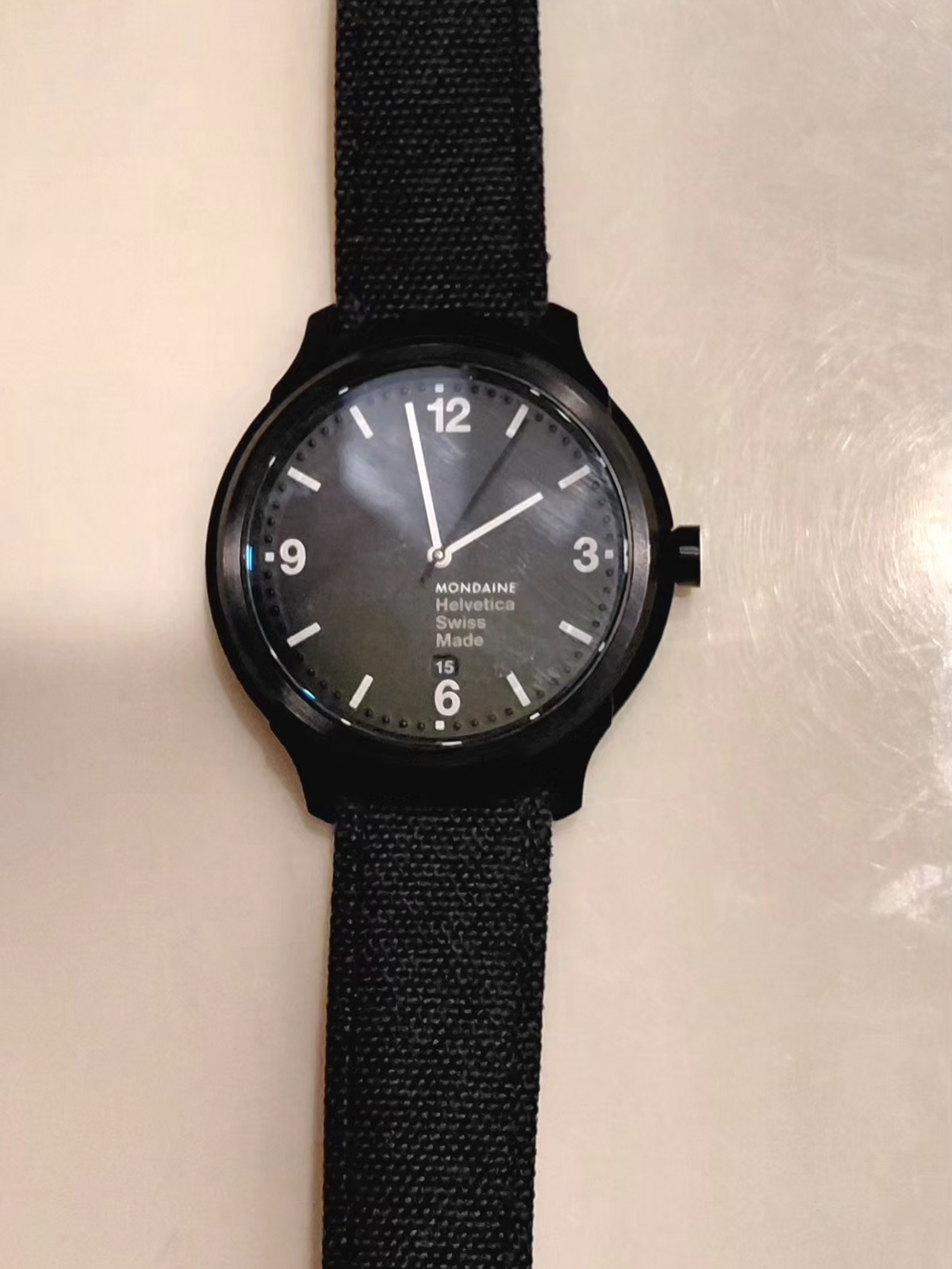 Mondaine Helvetica Black Watch with Textile Strap Extra Strap
